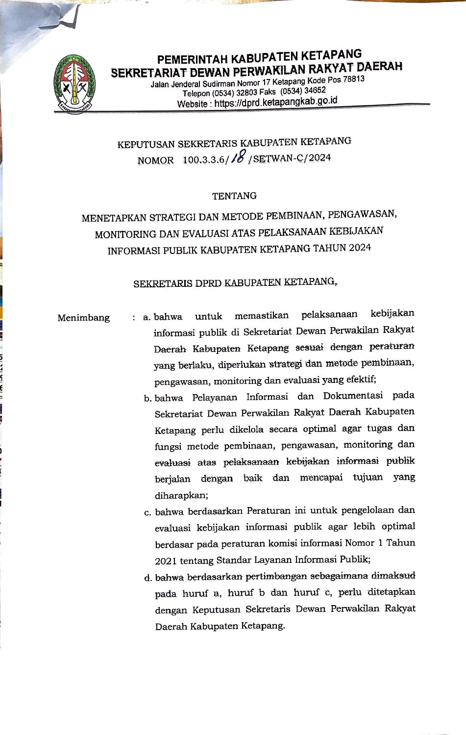 SK MENETAPKAN STRATEGI DAN METODE PEMBINAAN PENGAWASAN MONITORING DAN EVALUASI ATAS PELAKSANAAN KEBIJAKAN INFORMASI PUBLIK